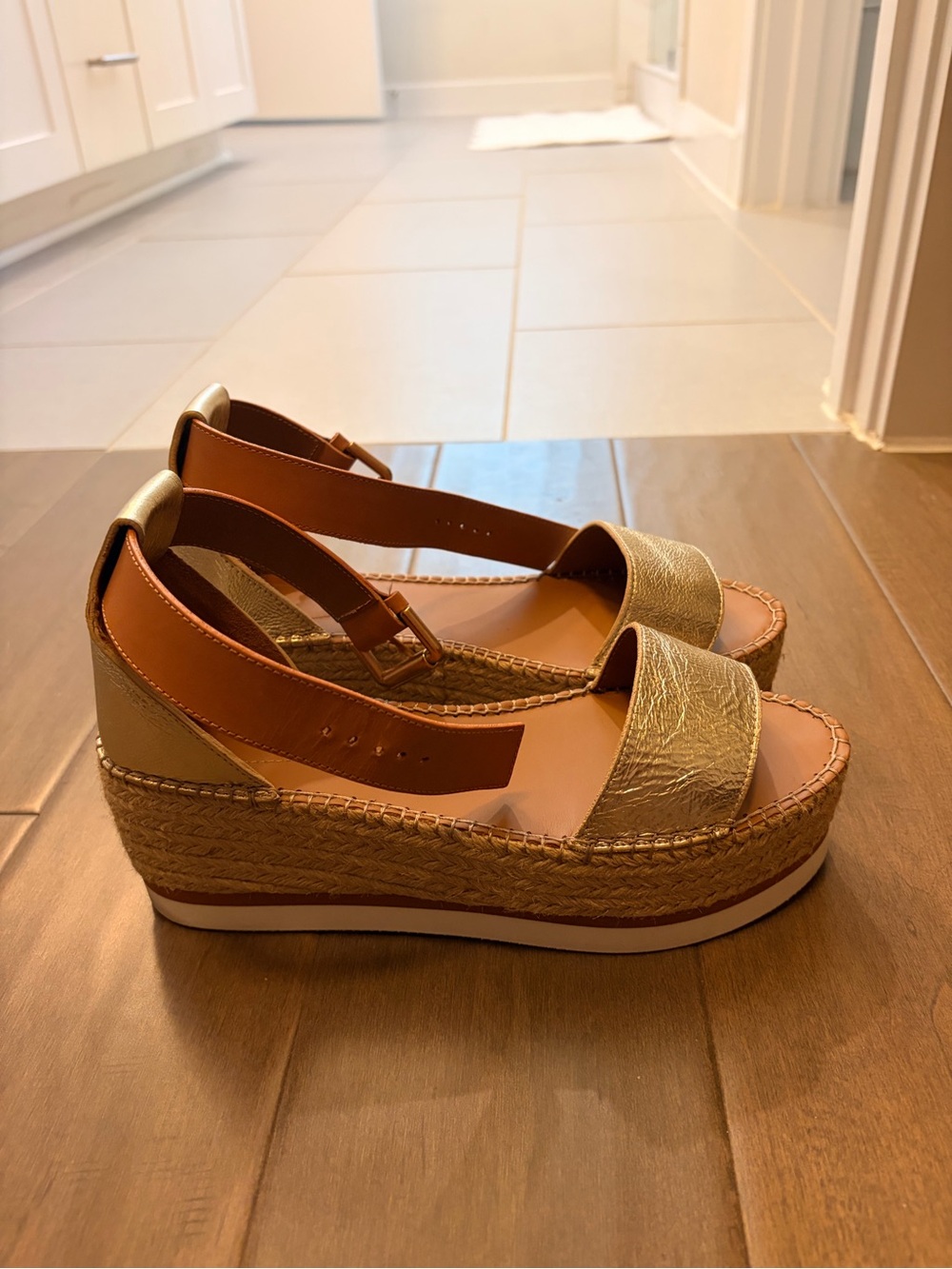 Metallic Gold Ankle-Strap Wedge Sandals - Picture 2 of 4
